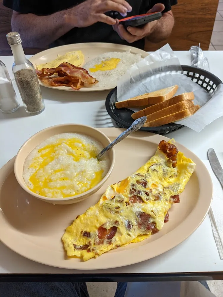 Bacon and Cheese Omelette and Grits