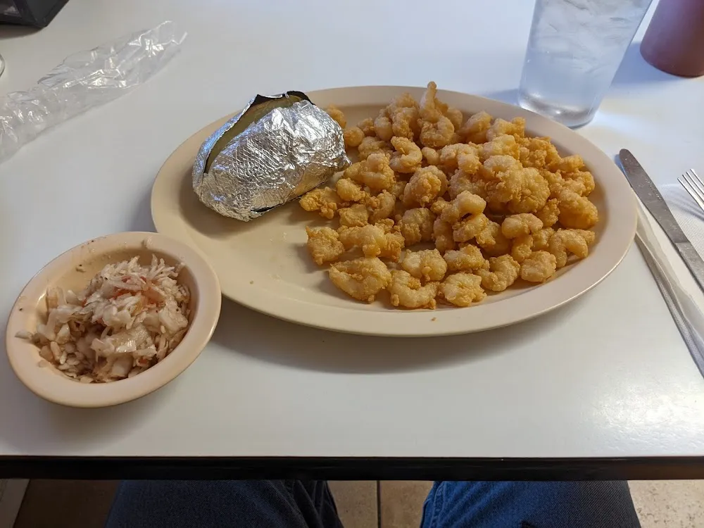 Calabash Shrimp Baked Potato and Red Slaw