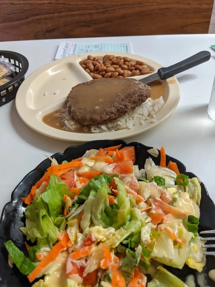 Hamburger Steak over Rice and Beans